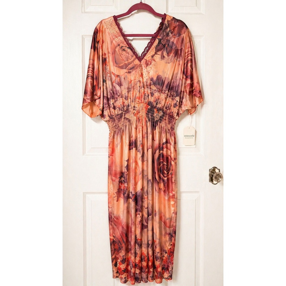 One World Floral Maxi Dress 2XWP Peach Smocked Waist Studded Boho Cottagecore